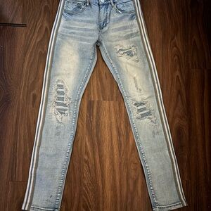 Light Wash Distressed Skinny Jeans with Side Stripe
